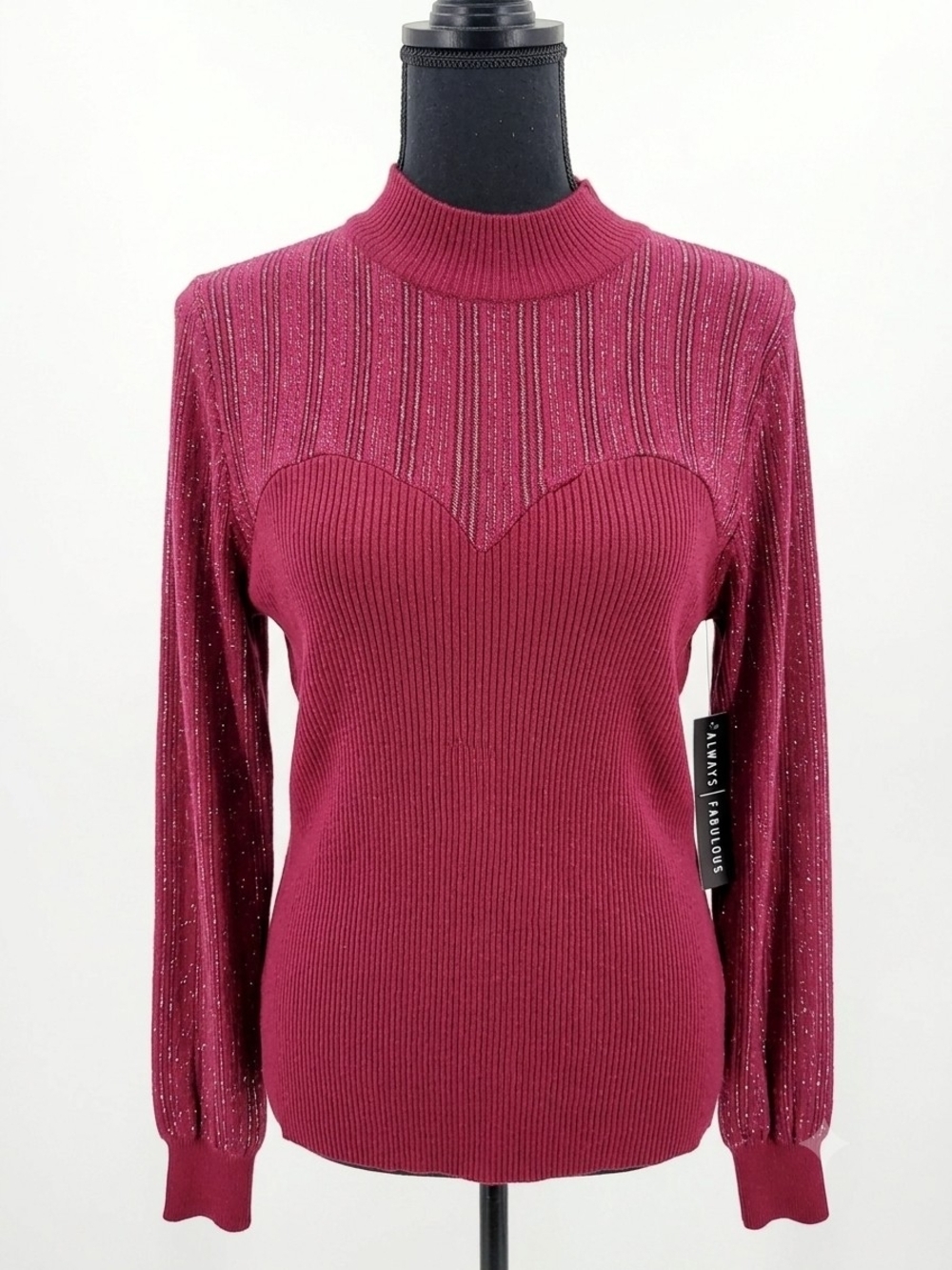 Absolutely Famous Deep Wine Ribbed Knit Sweater with Metallic Thread